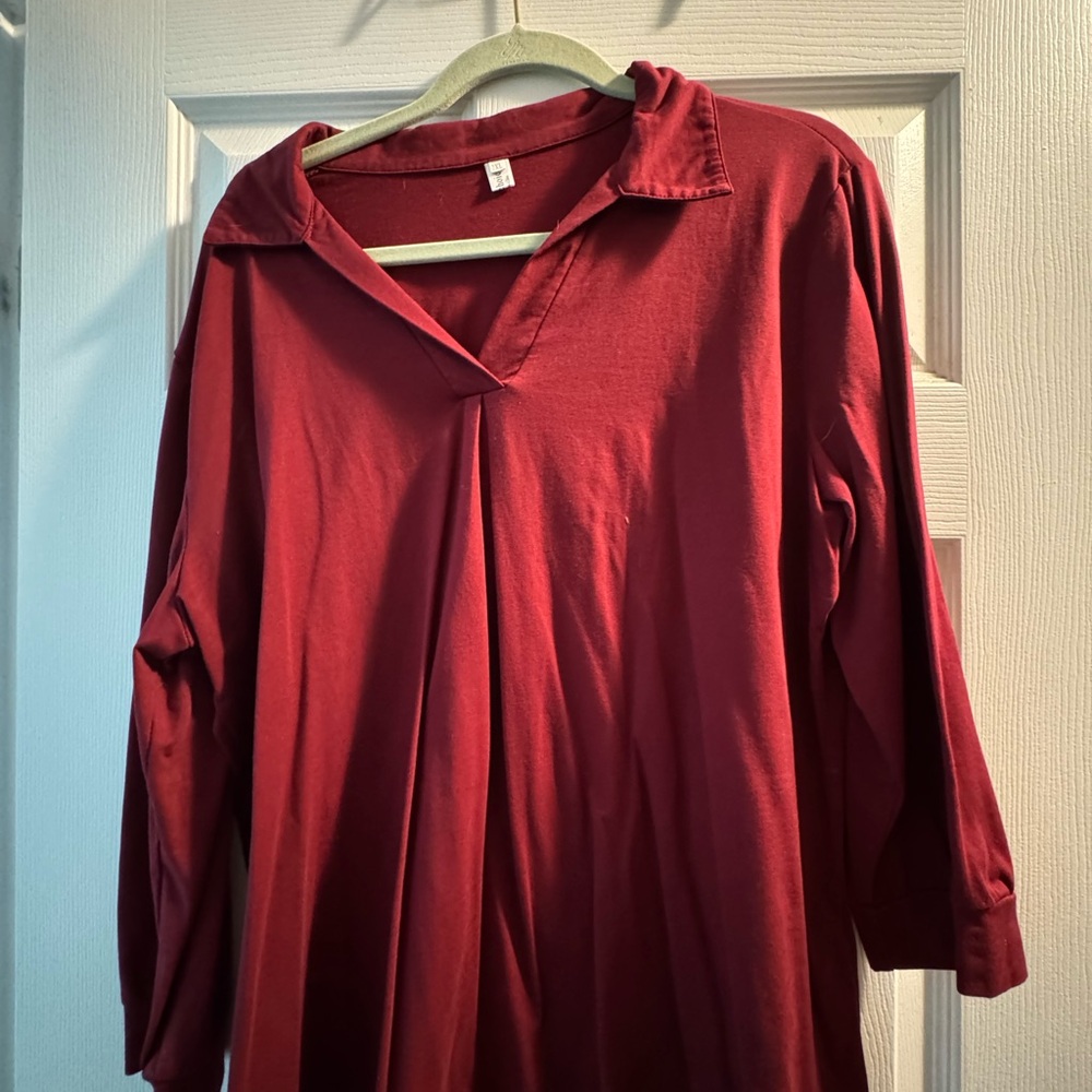 Wine Red Long Sleeve V-Neck Tunic Top